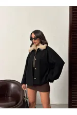 Manteau en cachemire à col peluche et boutons Topshow - Noir | F2048
