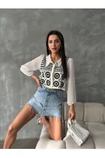 Çiçek Desenli Kısa Toptan Hırka | F0025 - Taş Siyah | TOPSHOW | F0025