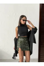 Topshow Sequined Velvet Mini Skirt - Khaki | F2054