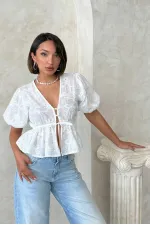 Front-Tie Embroidered Voile Blouse - Cream Topshow