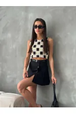 Topshow Black Checkerboard Pattern Crochet Wholesale Blouse