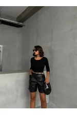 Kemerli Deri Toptan Şort - Siyah | TOPSHOW | F1497