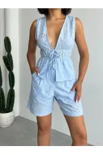 Chemisier en voile brodé à nouer sur le devant - Bleu | Topshow