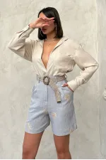 Kemer Detaylı Nakışlı Keten Şort - Gri | Topshow