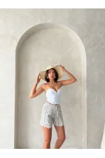 Paça Dantelli Çizgili Şort - Haki | Topshow