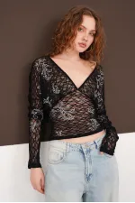 Blouse en dentelle à col V en gros - Noire | F2093 - Topshow
