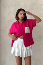 Topshow Fuşya Keten Ham Cep Aplik Cepli Keten Toptan Gömlek