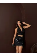 Topshow Pul Detaylı Abiye Mini Etek - Siyah | F2011