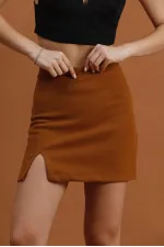 Jupe courte fendue et détaillée en gros - Marron | TOPSHOW | F1351