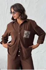Topshow - Wholesale Embroidered Corduroy Shirt with Pocket - Brown