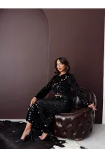 Topshow - Toptan Pullu Kadife Etek - Siyah Siyah