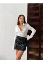 Topshow Pullu Kadife Payet Mini Etek - Siyah Siyah | F2054