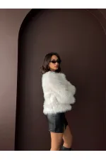 Topshow - Toptan Tavşan Tüyü Dügmeli Kaban - Krem