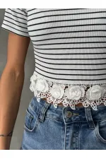 Topshow Cream Guipure Detailed Striped Wholesale T-Shirt