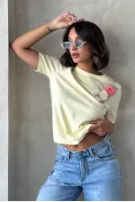 Çiçek Detaylı Tişört - Sarı | Topshow