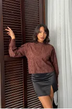 Topshow - Wholesale Embroidered Long Sleeve Women's Blouse - Stylish and Modern - Brown