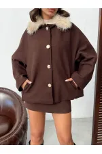 Topshow Peluş Yakalı Dügmeli Kaşe Mont - Kahve | F2048