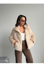 Faux Fur Women's Jacket – Zippered, Soft Textured Modern Winter Coat - STONE