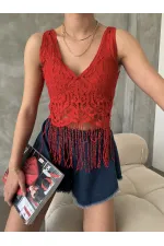 Bustier à col en V et jupe à franges rouge (vente en gros) | TOPSHOW