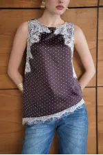 Lace Detail Polka Dot Satin T-Shirt - Coffee | D2961 - Topshow