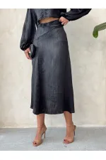 Kraşlı Saten Toptan Etek - Siyah | Topshow | F1915