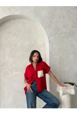 Topshow Kırmızı Keten Ham Cep Aplik Cepli Keten Toptan Gömlek