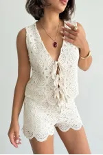 Önden Bağlamalı Dantel Toptan Yelek   Ham | Topshow