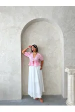 Önden Bağlamalı Nakışlı Vual Bluz - Pembe Topshow