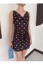 Puantiye Baskılı Elbise - Kahve Turkuaz | D3024 Topshow