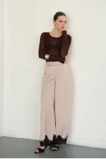 Wholesale Satin Trousers with Lace Hem - Stone | D2969 - Topshow