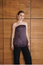 Bustier en satin à pois et détails en dentelle - Café | D2963 - Topshow