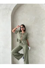 Önden Bağlamalı Nakışlı Toptan Bluz - Açık Haki | Topshow