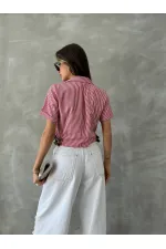 Topshow Red Striped Belt Detailed Striped Wholesale Shirt