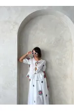 Nakışlı Vual Önden Bağlamalı Bluz - Krem - D2881 | Topshow