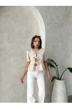 Önden Bağlamalı Nakışlı Toptan Bluz - Taş | Topshow