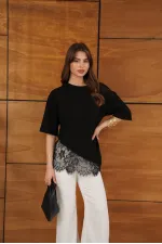 D 2953 DANTEL DETAYLI ASİMETRİK TİŞÖRT - SİYAH