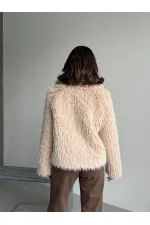 Faux Fur Women's Jacket – Zippered, Soft Textured Modern Winter Coat - STONE