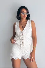 Önden Bağlamalı Dantel Toptan Yelek   Ham | Topshow