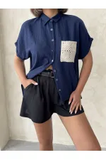 Topshow Lacivert Keten Ham Cep Aplik Cepli Keten Toptan Gömlek