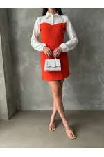 Knee-Length Poplin Dress with Sleeves and Chest - Orange | TOPSHOW | F1139