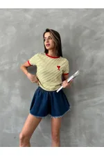 Topshow Fıstık Kırmızı Nakışlı Çizgili Toptan Tişört