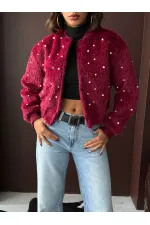 Topshow - Veste bomber en fausse fourrure (vente en gros) - Détails perles - Bordeaux