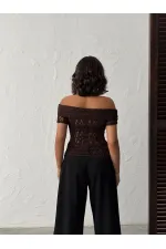 Topshow | Rose Detail Lace Blouse - Coffee | D2749