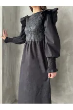 Topshow Black Body Leather Sleeve Wholesale Skirt Poplin Wholesale Dress | F0843