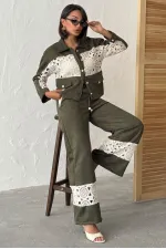 Dantel Detaylı Geniş Paça Kadın Pantolon - Haki | Topshow | F1958