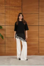 D 2942 ASYMMETRICAL T-SHIRT WITH LACE AND SATIN DETAILS - BLACK