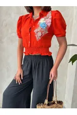 Topshow Orange Floral Chest Linen Wholesale Shirt