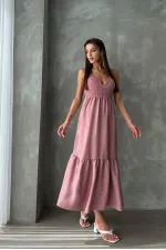 Topshow Powder Linen Strap V-Neck Full Length Wholesale Dress