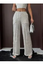 Topshow - Wholesale Sequined Wide Leg Women's Trousers - Stylish Night Outfit - Stone