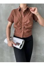 Topshow Brown Gipel Front Gathered Wholesale Blouse
